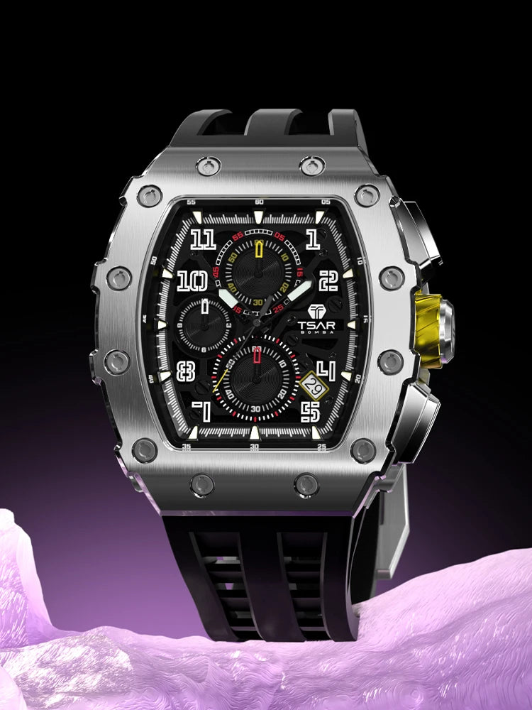 Reloj TSAR BOMBA para hombre, marca de lujo, diseño tonneau, impermeable, de acero inoxidable, reloj de pulsera de moda rectangular para hombre