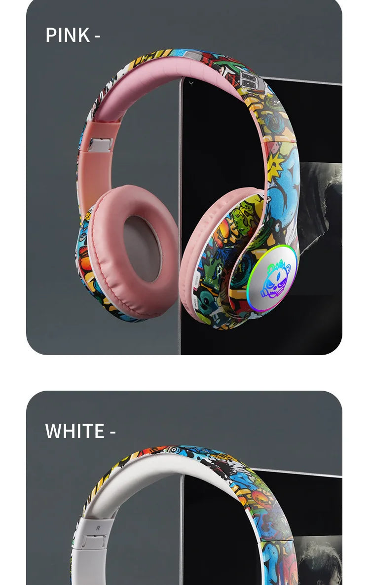 Nuovo headset gaming Bluetooth wireless Graffiti LX-8686 con microfono, luce LED, supporto per scheda TF, bassi profondi e cuffie over-ear per PC, gaming e bambini