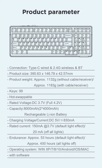 Teclado mecánico AULA F99 Bluetooth 5.0/2.4G inalámbrico/con cable, teclado gaming con montaje gasket de 99 teclas, personalizable