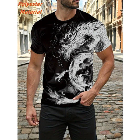Camiseta vintage para hombre con dragón chino, diseño animal moderno y estampado 3D, manga corta de verano, tops de moda