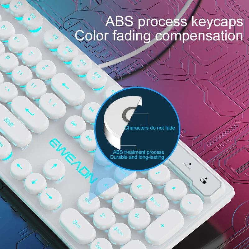 EWEADN GX330 Typewriter Gaming Keyboard,104Keys Wired Round Keycaps with Blue Backlit USB Wired Computer External Keyboards