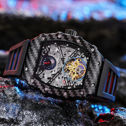 Mechaniczny zegarek Tourbillion dla mężczyzn, silikonowy pasek, szkieletowa koperta tonneau, automatyczne zegarki męskie, luksusowa topowa marka, reloj hombre
