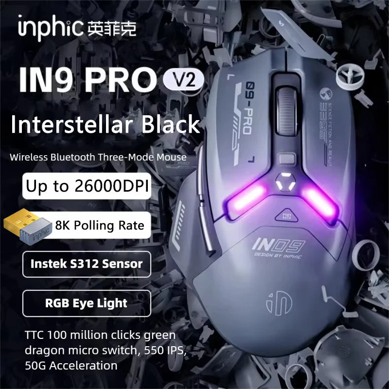 Inphic IN9PRO belaidė žaidimų pelė, 26000DPI, 8K apklausos dažnis, Bluetooth 5.0, laidinė, 2.4G, trijų režimų RGB ergonominė žaidimų pelė