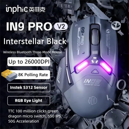 Inphic IN9PRO belaidė žaidimų pelė, 26000DPI, 8K apklausos dažnis, Bluetooth 5.0, laidinė, 2.4G, trijų režimų RGB ergonominė žaidimų pelė