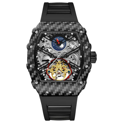 Mechaniczny zegarek Tourbillion dla mężczyzn, silikonowy pasek, szkieletowa koperta tonneau, automatyczne zegarki męskie, luksusowa topowa marka, reloj hombre