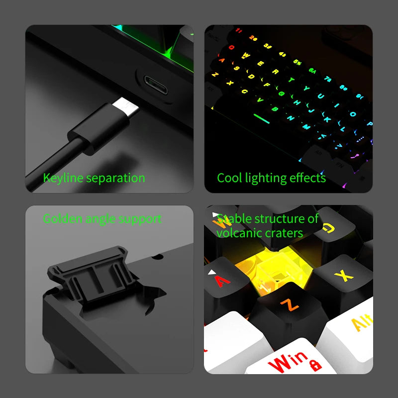 Tastiera meccanica cablata 61 tasti bianca, switch nero e blu, impermeabile, RGB illuminata, kit gaming e ufficio PUBG gamer retroilluminato
