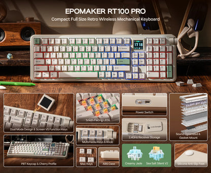 EPOMAKER RT100 PRO Tastiera meccanica 100% layout ANSI US con gasket, cablata/Bluetooth/wireless 2.4Ghz, schermo da 1.54” e manopola del volume