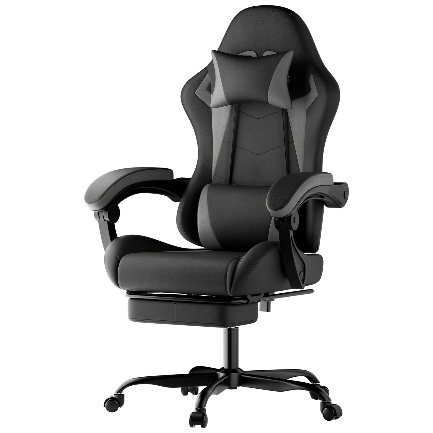 Ergonomic Gaming Chair with Lumbar Support & Head Pillow, Adjustable Reclining Computer Gaming Chair, Black Grey Office Chair
