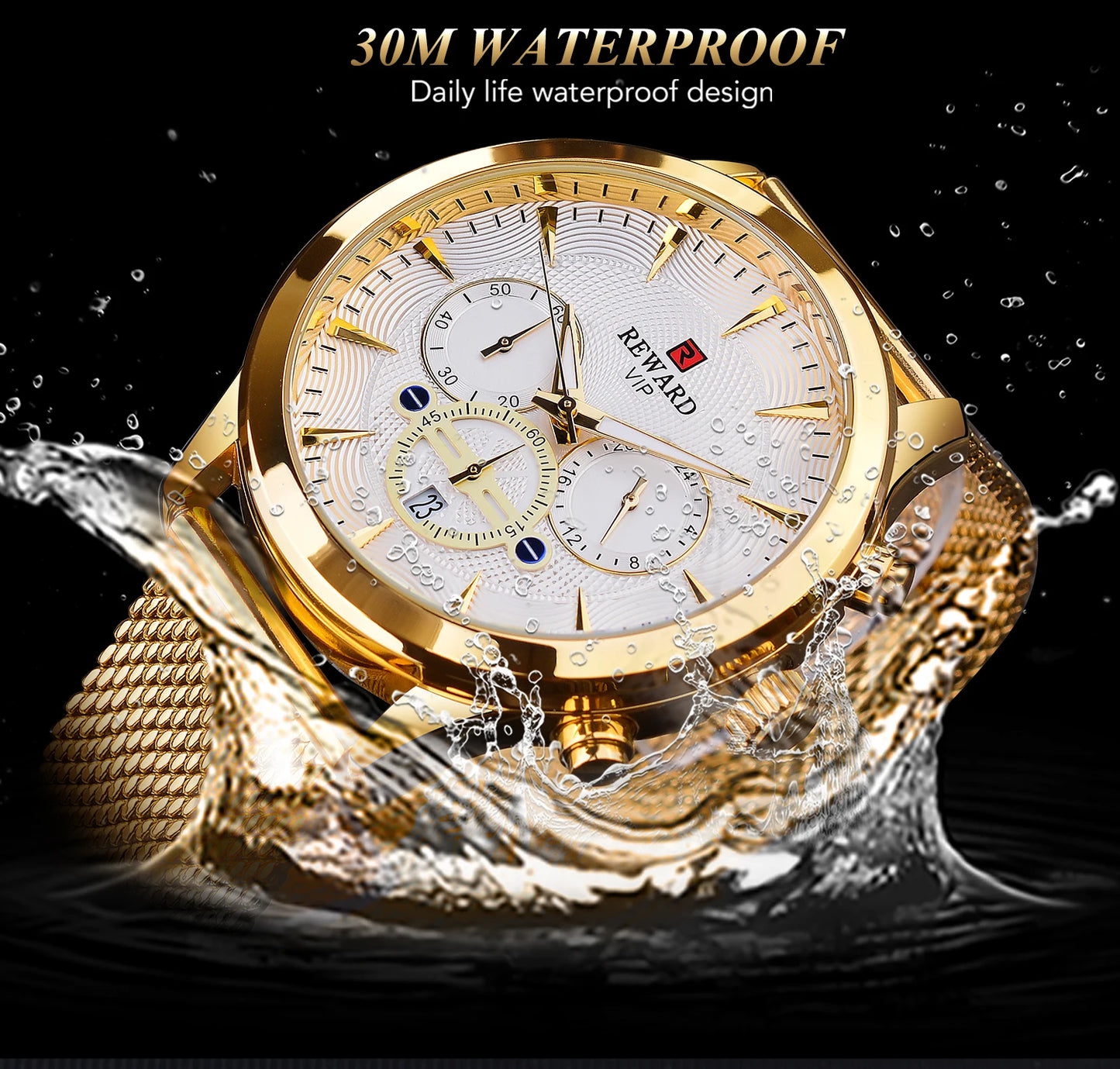 REWARD Business Watches Quartz Movement Fashion Men Gold Stainless Steel Watch Luxury Calendar Quartz Wrist Watch