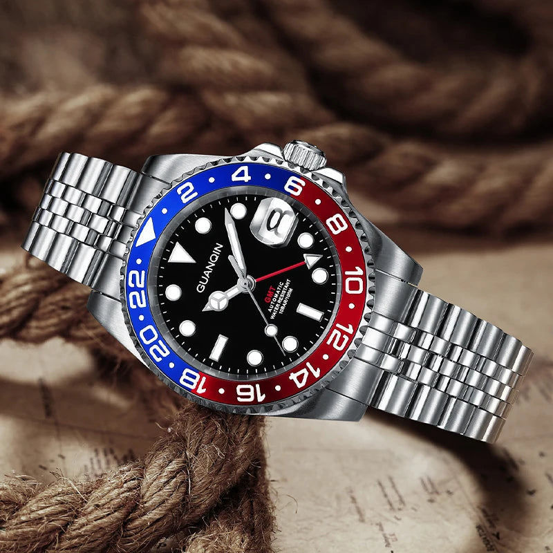 Orologio da uomo GUANQIN GMT 2025, nuovo orologio automatico da uomo NH34, meccanico da polso, vetro zaffiro, acciaio inox, per mancini
