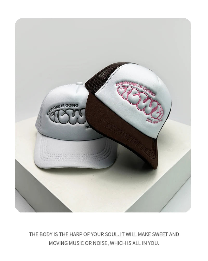 Gorras de béisbol unisex nuevas con bloques de color, letras estampadas y bordadas, estilo hip hop, malla transpirable, visera para el sol, tipo trucker streetwear, versátiles