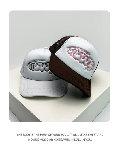 Gorras de béisbol unisex nuevas con bloques de color, letras estampadas y bordadas, estilo hip hop, malla transpirable, visera para el sol, tipo trucker streetwear, versátiles