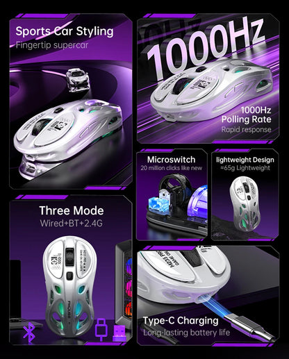 Tri-Mode RGB Gaming Mouse Wireless 2.4G Bluetooth Wired Lightweight Gaming Mouse with Chroma RGB Lighting, 4800 DPI Rechargeable Gaming Mouse for PC & Laptop