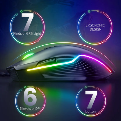Ratón gaming con cable ONIKUMA, 6 niveles ajustables, 6400 DPI, 7 botones programables, 7 modos de iluminación RGB, diseño ergonómico para gamers de PC