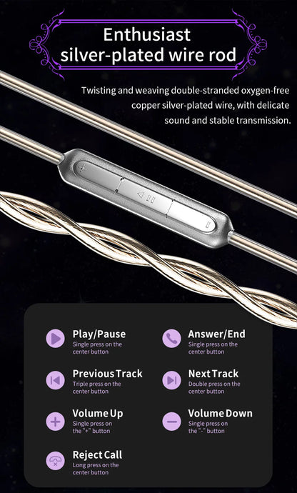 CVJ Night Elf In-Ear Wired Earphones – Dual-Channel 3.5mm HiFi Metal Earbuds with Silver-Plated Cable, High Sensitivity Bass Sound Earhook Headphones