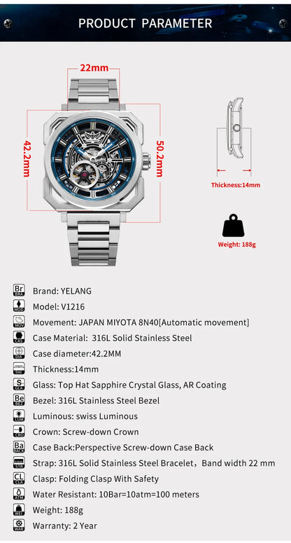 Yelang V1216 miesten kello, luksusbrändin kello, 42mm avoin kellotaulu, Japan MIYOTA 8N40 -automaattikoneisto, 100M vedenpitävä kello, hohtavat osoittimet