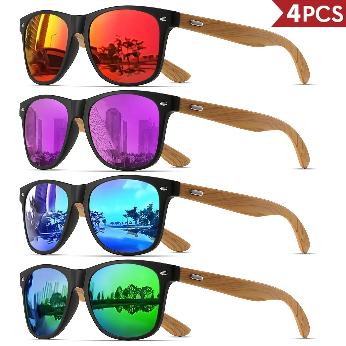 4PCS Bamboo Texture Square Sunglasses UV400, Fashion Unisex Classic - Lightweight for Casual Wear & Holidays