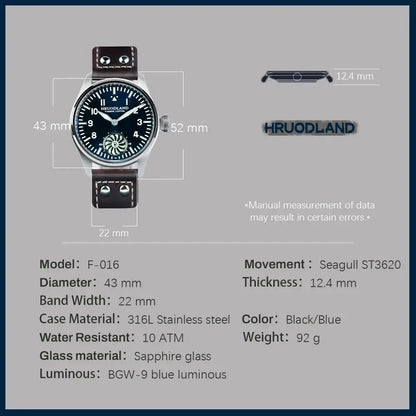 Reloj mecánico para hombre Hruodland 2025 nuevo, Seagull ST3620, piloto retro 43MM, luminiscencia Bgw-9, cristal de zafiro, turbina