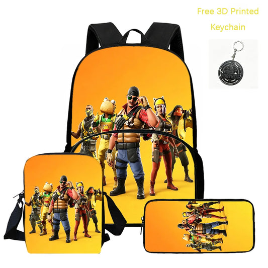 FORTNITE 3Pcs Lightweight Backpack With Front Pocket,Crossbody Bag&Pencil Case For Age 5-9 Boys Girls,Free 3D Printed Keychain.