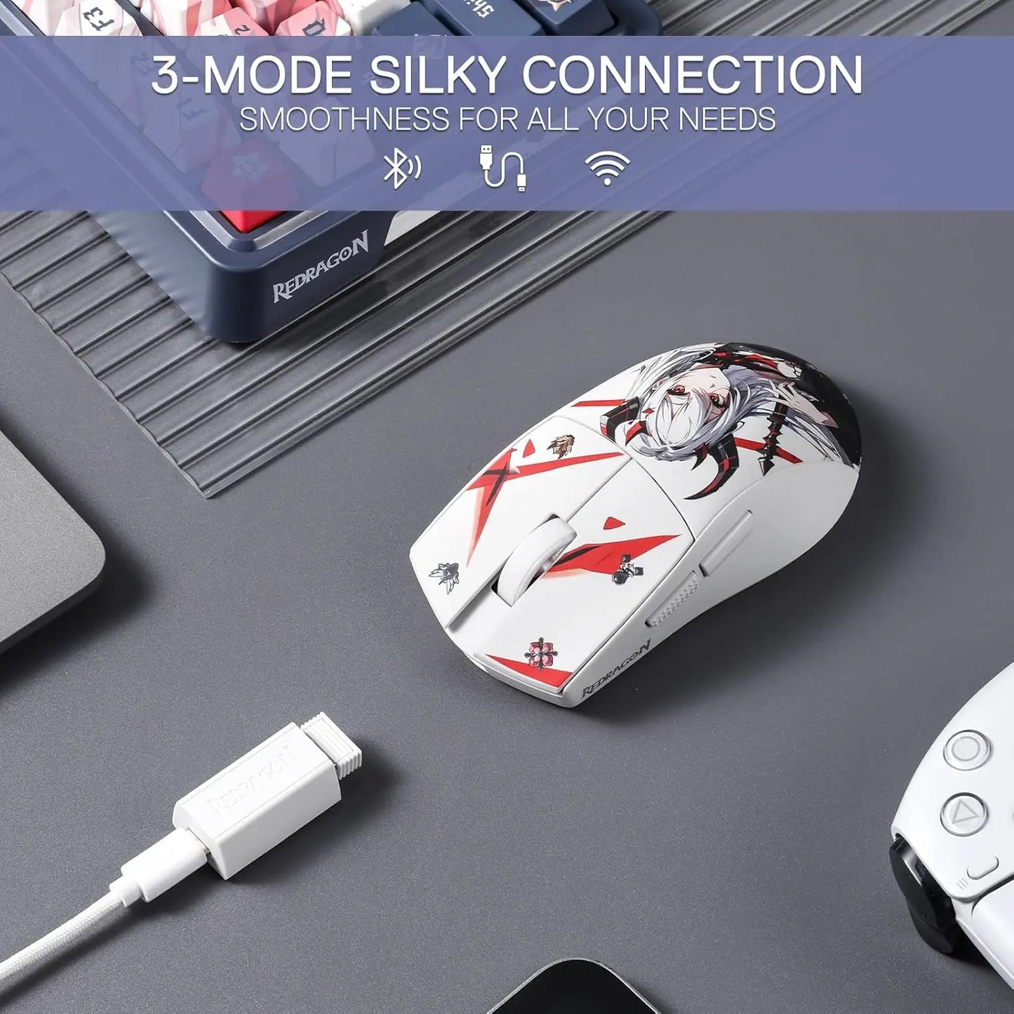 Ratón gaming Redragon M916AK PRO 3-Mode Anime ultraligero de 42G, 26K DPI y botones totalmente programables