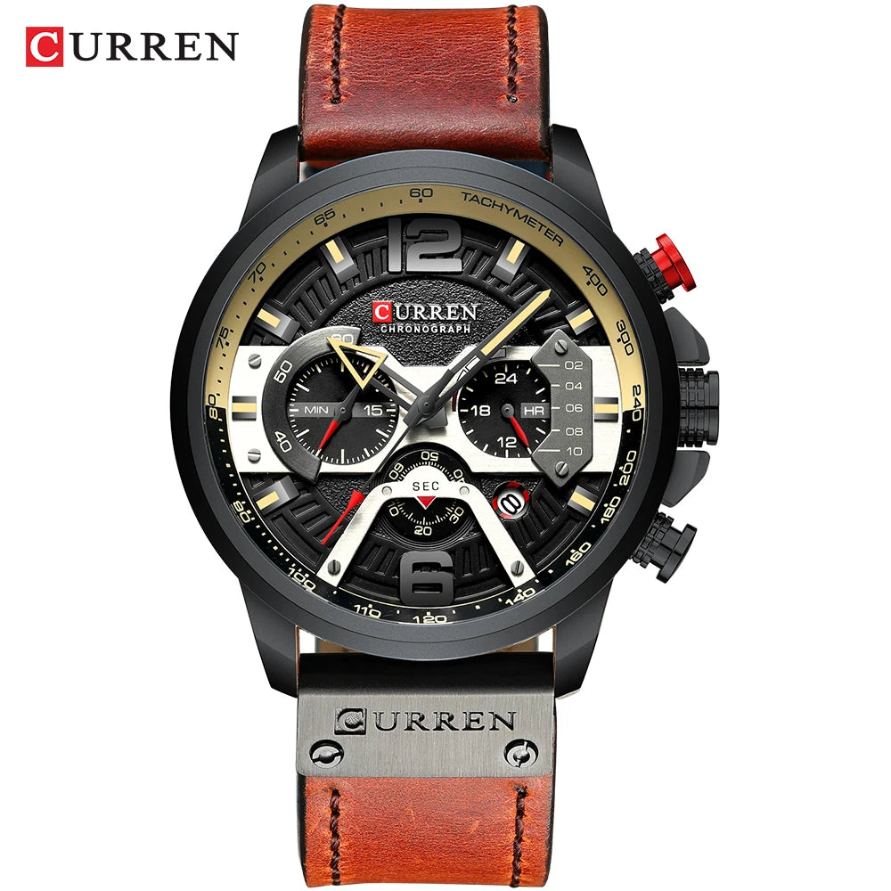 Relógio para homem CURREN 8329 – Estilo desportivo descontraído, design militar, bracelete em pele, cronógrafo na moda, relógio de luxo de grande marca
