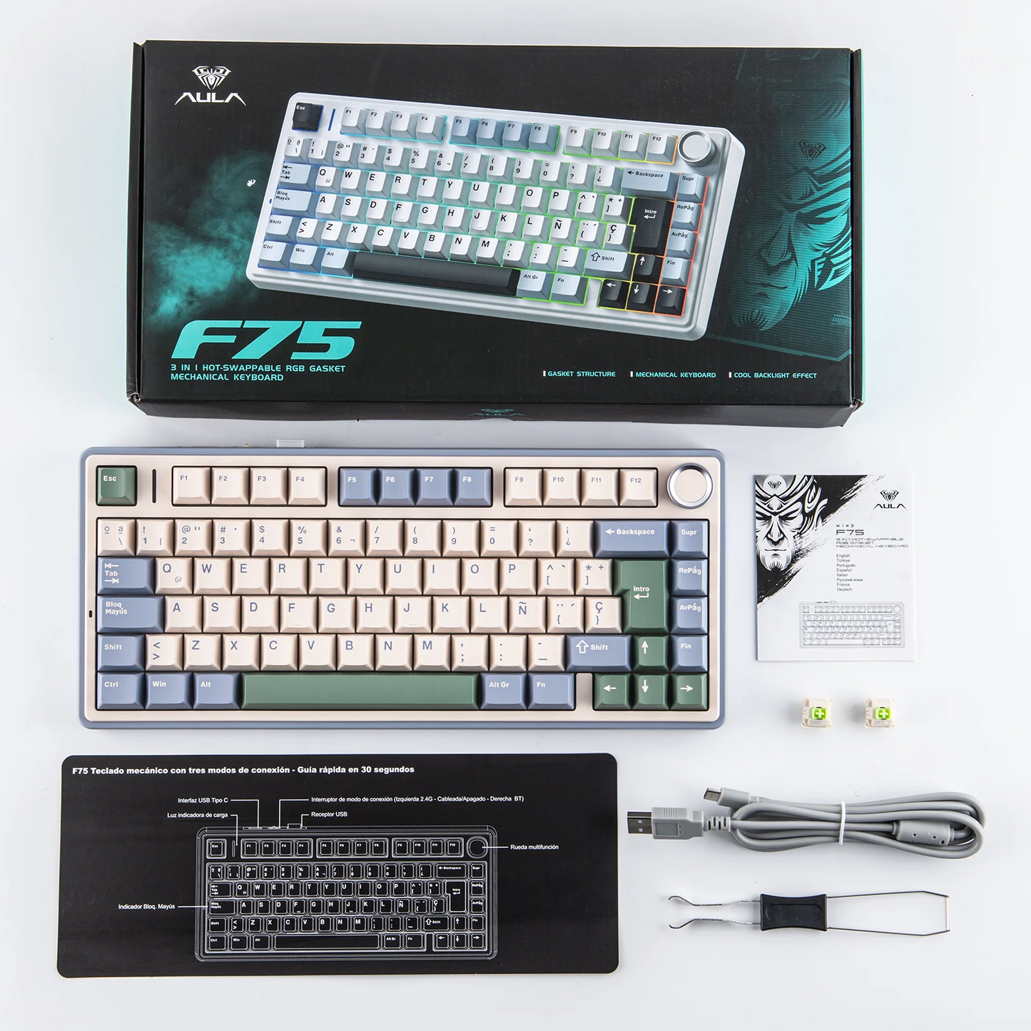 EPOMAKER AULA F75 ISO-ES 75% spagnola QWERTY Hot-Swap, tastiera meccanica da gaming cablata/Bluetooth/wireless 2.4GHz con montaggio gasket e retroilluminazione RGB