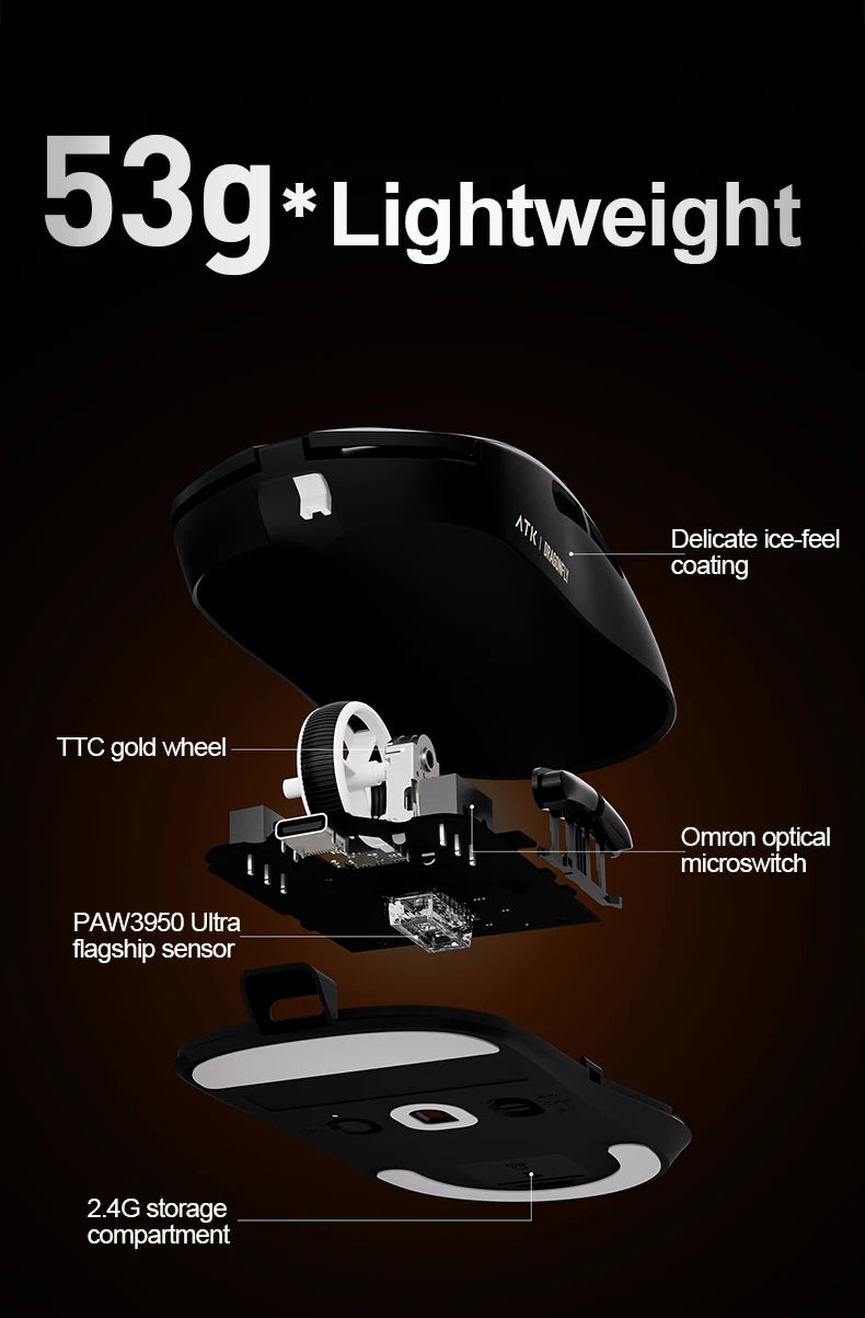 Mouse gaming wireless ATK Dragonfly A9 Ultra PAW3950 ultraleggero tri-mode ergonomico e-sport per gamer FPS A9 SE Plus