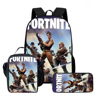 Fortnite Cartoon 3pcs Backpack Set for Boys Girls Unisex Including School Bag Lunch Bag Pencil Case Suitable for ages 5-8