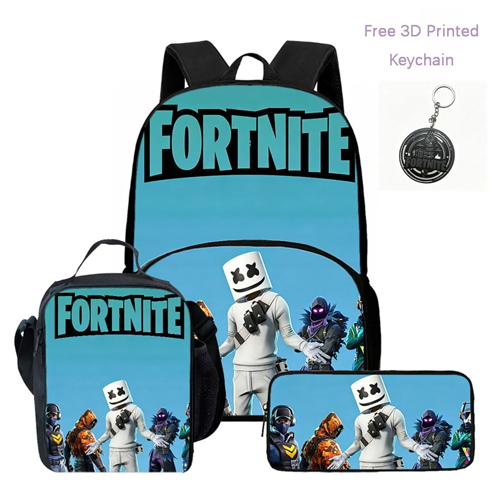 Zaino FORTNITE leggero 3 pezzi con tasca frontale, borsa pranzo, astuccio e portachiavi 3D stampato gratuito per bambini e bambine dai 5 ai 10 anni