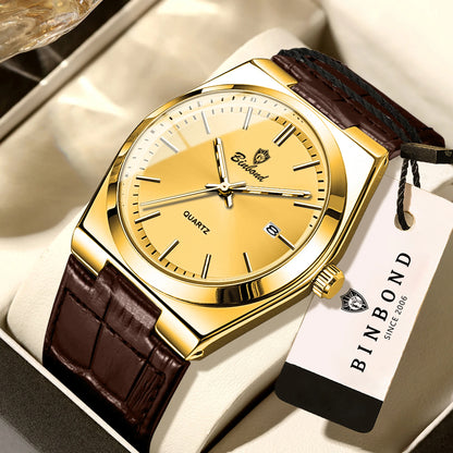 Relógio de pulso de luxo BINBOND com movimento de quartzo para homem – Impermeável, luminoso, com data automática – Estilo profissional, desportivo, moderno e descontraído – Pulseira em pele