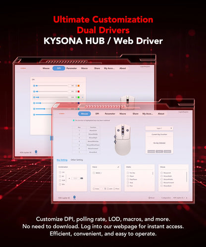 Mouse gaming KYSONA Jupiter Series cablato e wireless 8Khz con sensore PAW3950, Bluetooth, 46g, ricaricabile, driver web per PC e laptop