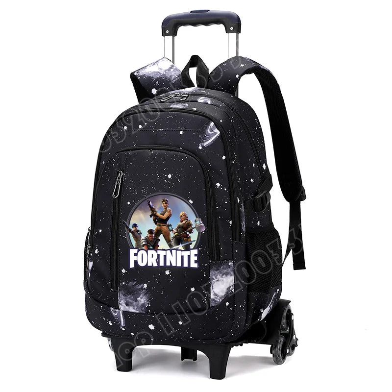 Mochila trolley 2 en 1 Fortnite con estampado de cielo estrellado, gran capacidad, impermeable, compartimento para portátil, diseño para subir escaleras, mochila escolar para estudiantes