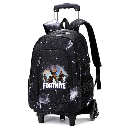 Mochila trolley 2 en 1 Fortnite con estampado de cielo estrellado, gran capacidad, impermeable, compartimento para portátil, diseño para subir escaleras, mochila escolar para estudiantes