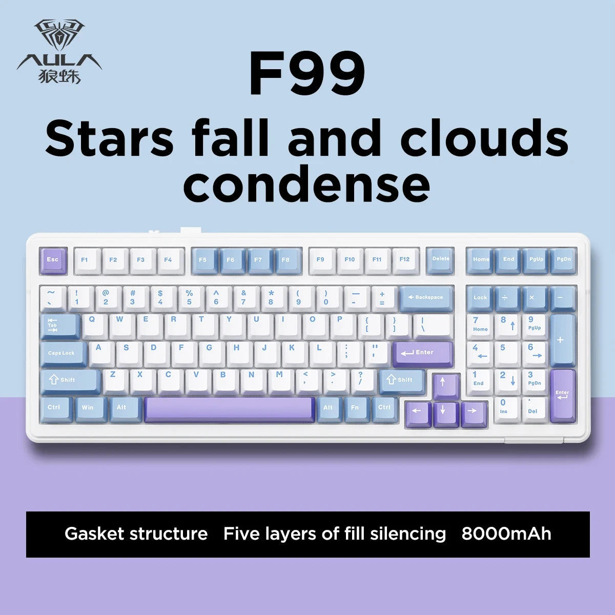 Teclado mecánico AULA F99 Bluetooth 5.0/2.4G inalámbrico/con cable, teclado gaming con montaje gasket de 99 teclas, personalizable