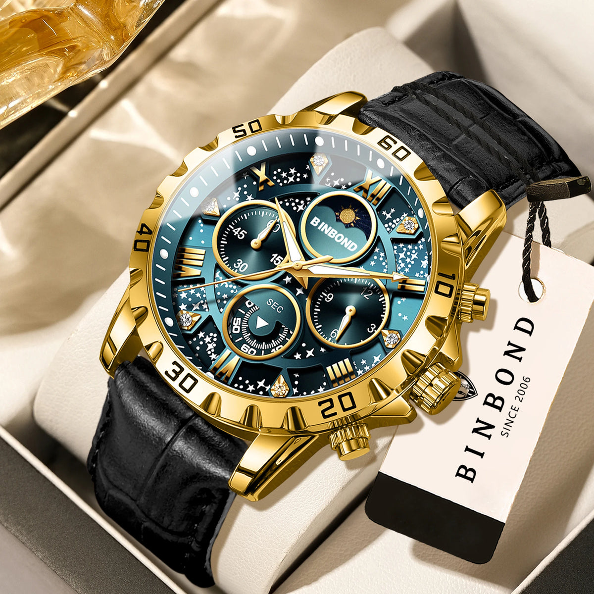 Relógio de pulso de quartzo BINBOND, autêntico e preciso, para homem, cronógrafo luxuoso, resistente à água e com luz, com bracelete em pele.