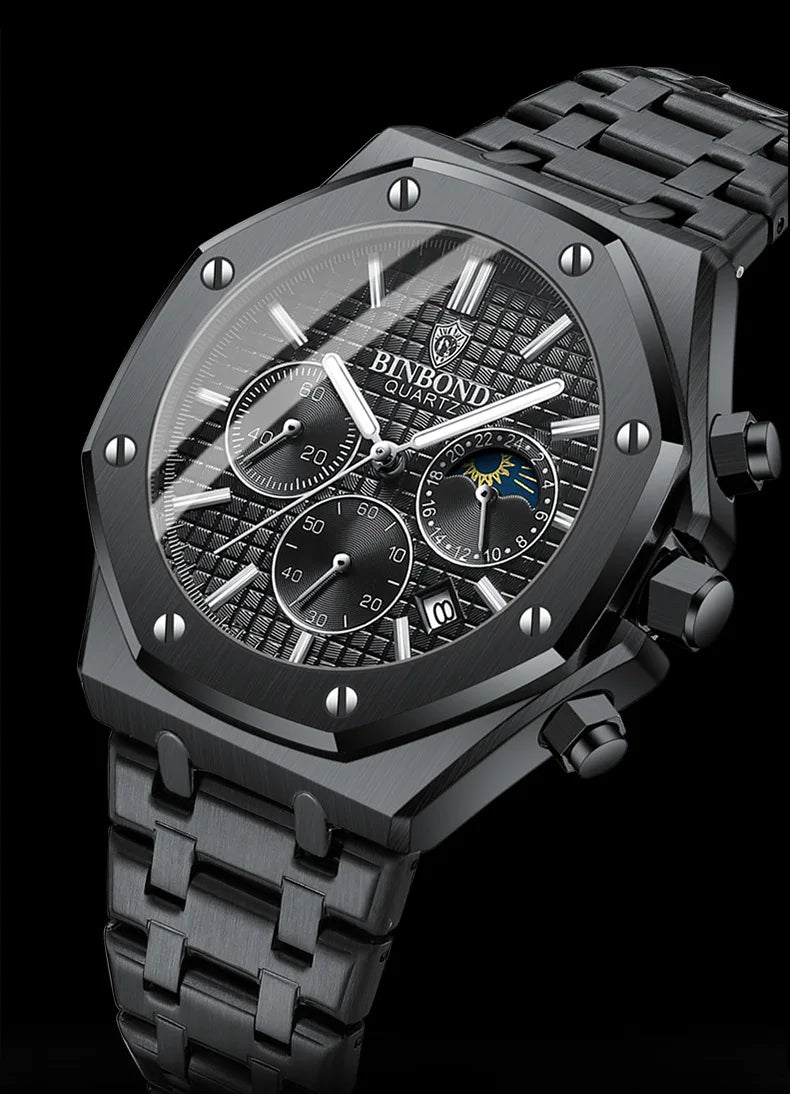 BINBOND 0161 Brand Man Quartz Watch Luxury Luminous Chronograph Wristwatch Stainless Steel Waterproof Men Date Calendar Clock