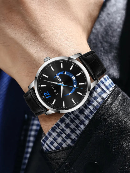 Relógio de quartzo TOMI, estilo empresarial e elegante, com bracelete em pele, caixa em liga metálica e mostrador com ponteiros – Design de alta qualidade, ideia de presente para homem