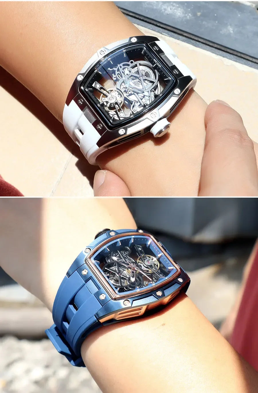 Orologio da polso automatico MEGIR da uomo, fashion, cinturino in silicone nero, impermeabile, luminoso, sportivo, meccanico, con quadrante tonneau 2242