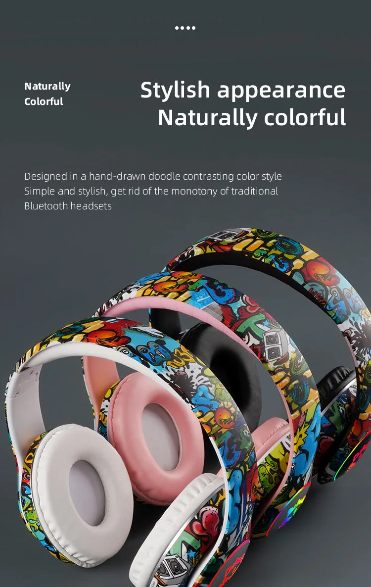 Nuovo headset gaming Bluetooth wireless Graffiti LX-8686 con microfono, luce LED, supporto per scheda TF, bassi profondi e cuffie over-ear per PC, gaming e bambini