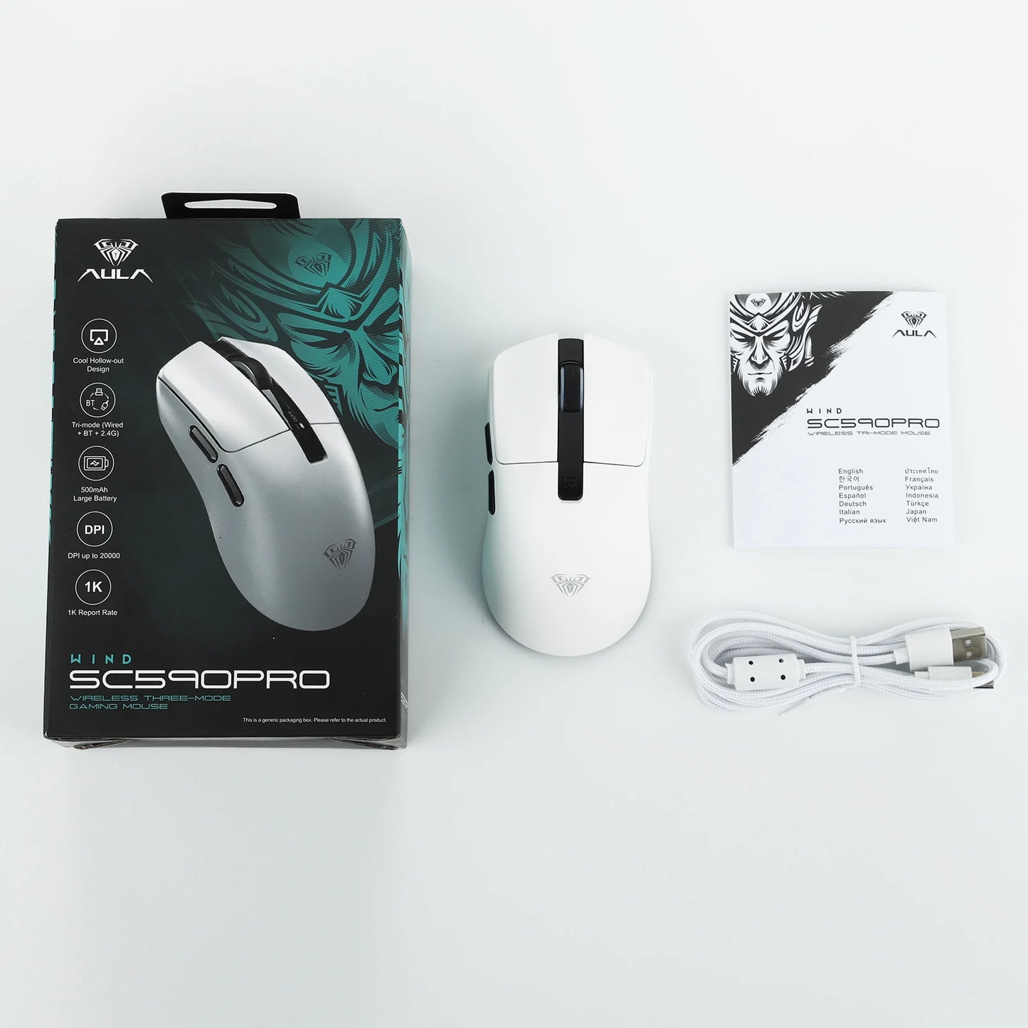 Ratón gaming AULA SC590 PRO con cable/Bluetooth/inalámbrico 2.4GHz, 20000 DPI y sensor PAW3311 con tasa de sondeo de 1000 para Win/Mac/gaming