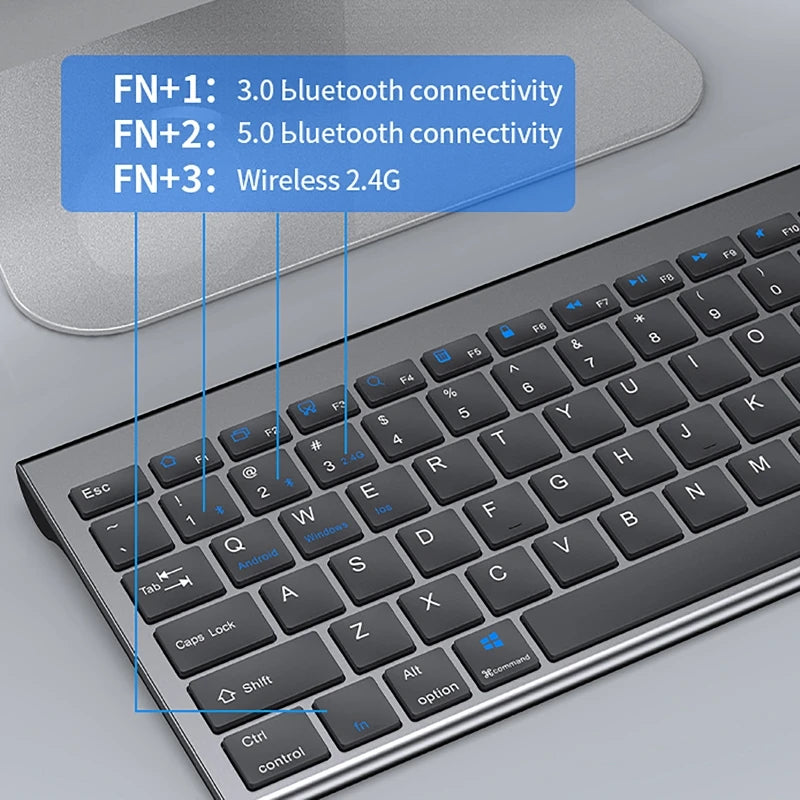 Tastiera wireless Bluetooth 5.0&3.0&2.4G FN+1/2/3 Dual-Mode 350mAh ultra sottile per laptop, PC, TV, iPad, Macbook e Android
