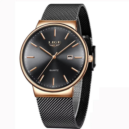 Relógio de homem LIGE, modelo elegante e luxuoso, ultrafino, estanque, com bracelete em malha, movimento de quartzo, indicação da data e calendário – ideal para um estilo profissional.