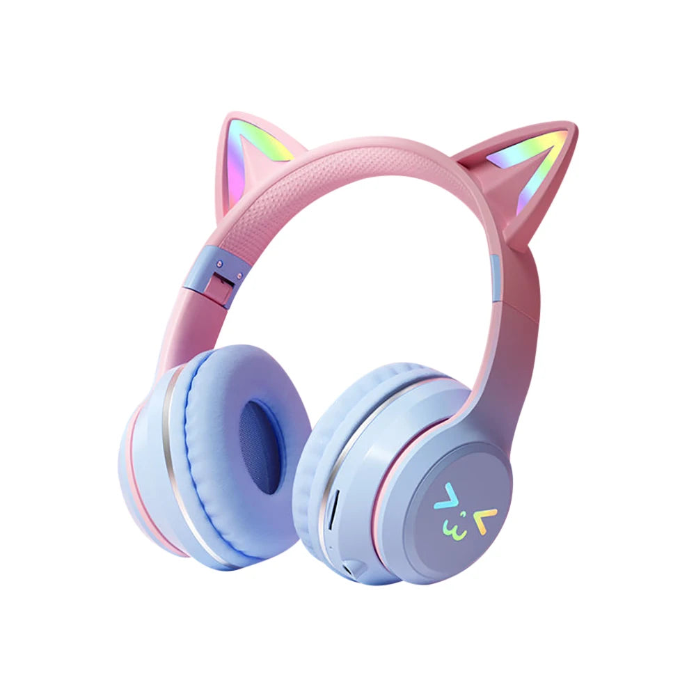 RGB Cat Ear Wireless Bluetooth Headphones for Kids & Girls – LED Light Stereo Gaming Headset with Microphone