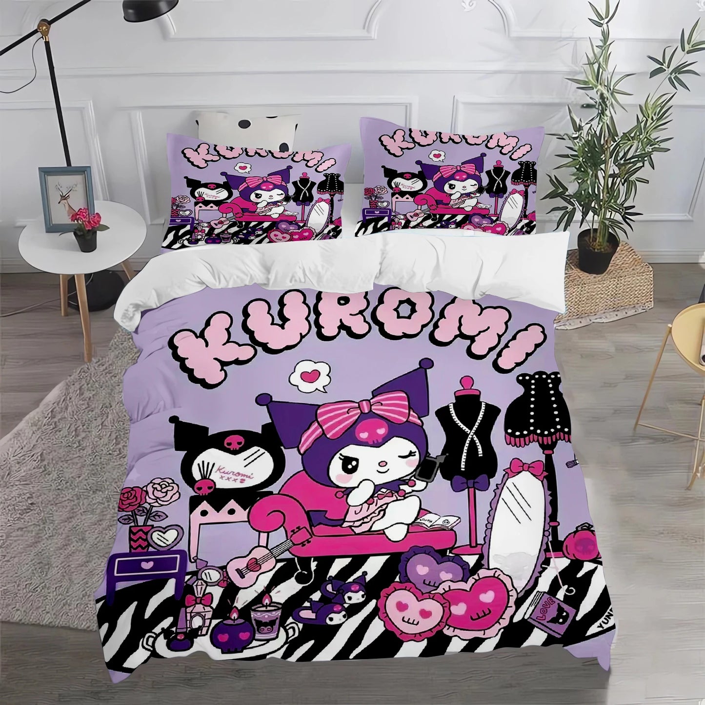 Conjunto de Capa de Edredão e Fronha Kuromi Fofo para Cama, Decoração de Quarto para Adulto, Rapaz e Rapariga, Presente para Crianças, Tamanho Individual, Duplo e Grande