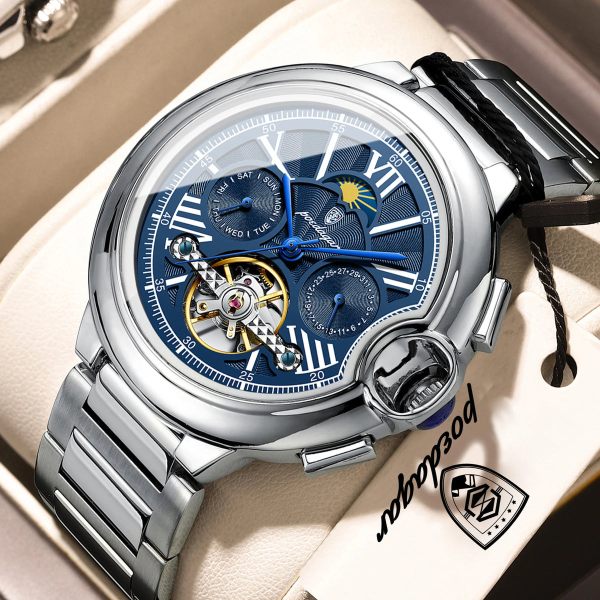 Relógio de luxo para homem POEDAGAR – Modelo mecânico automático com indicação da data e do dia, bracelete em pele, turbilhão, resistente à água, estilo elegante e profissional.