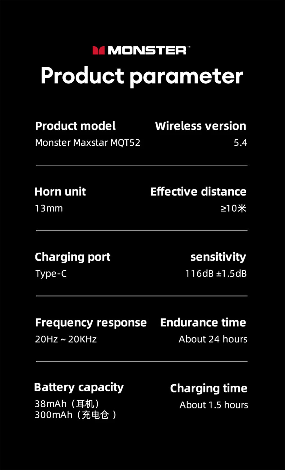 Auricolari wireless Bluetooth 5.4 Monster MQT52 a lunga autonomia, cuffie gaming dual mode con audio stereo HiFi e microfono