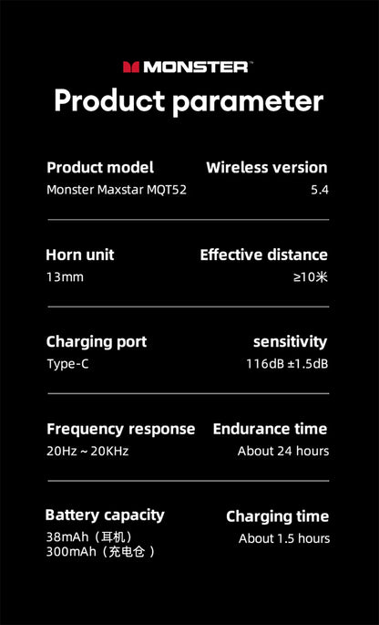 Auricolari wireless Bluetooth 5.4 Monster MQT52 a lunga autonomia, cuffie gaming dual mode con audio stereo HiFi e microfono