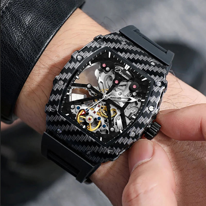 Mechaniczny zegarek Tourbillion dla mężczyzn, silikonowy pasek, szkieletowa koperta tonneau, automatyczne zegarki męskie, luksusowa topowa marka, reloj hombre