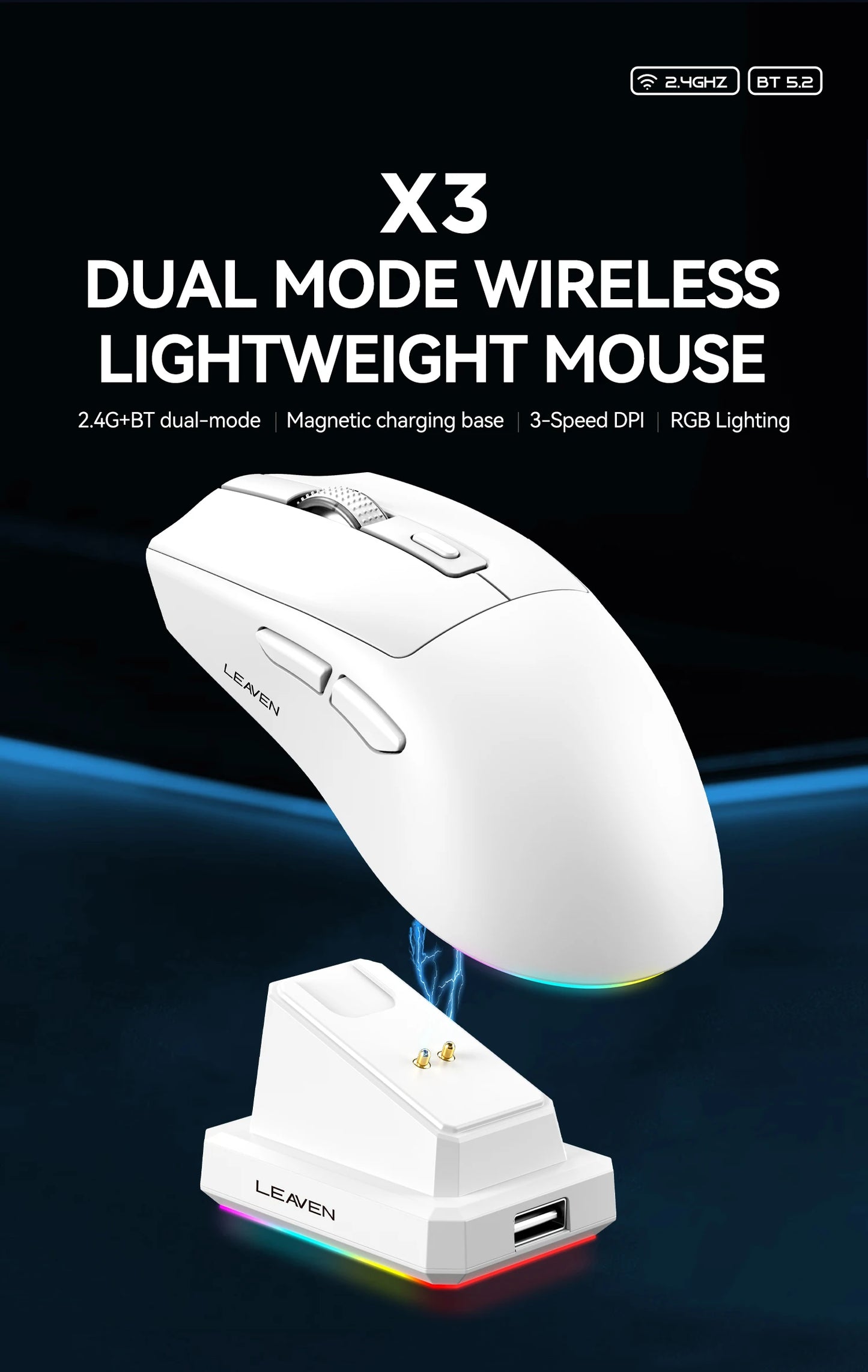 Dual-Mode Wireless Mouse with Magnetic Charging Dock, RGB Backlit Bluetooth & 2.4G Wireless Mouse, Rechargeable Ergonomic Mouse with Adjustable 1600 DPI