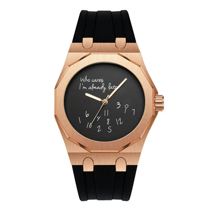 Relógio de luxo para homem com caixa octogonal e bracelete em silicone, à prova de água, dotado de um mostrador com o slogan humorístico «Who Cares I'm Already Late» (E daí, já estou atrasado).